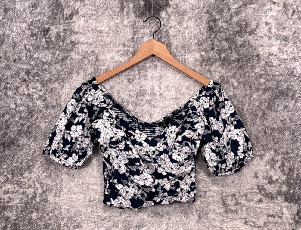 New J Crew Puff Sleeve Organic Cotton Top XXS Womens Blue Magnolia Floral